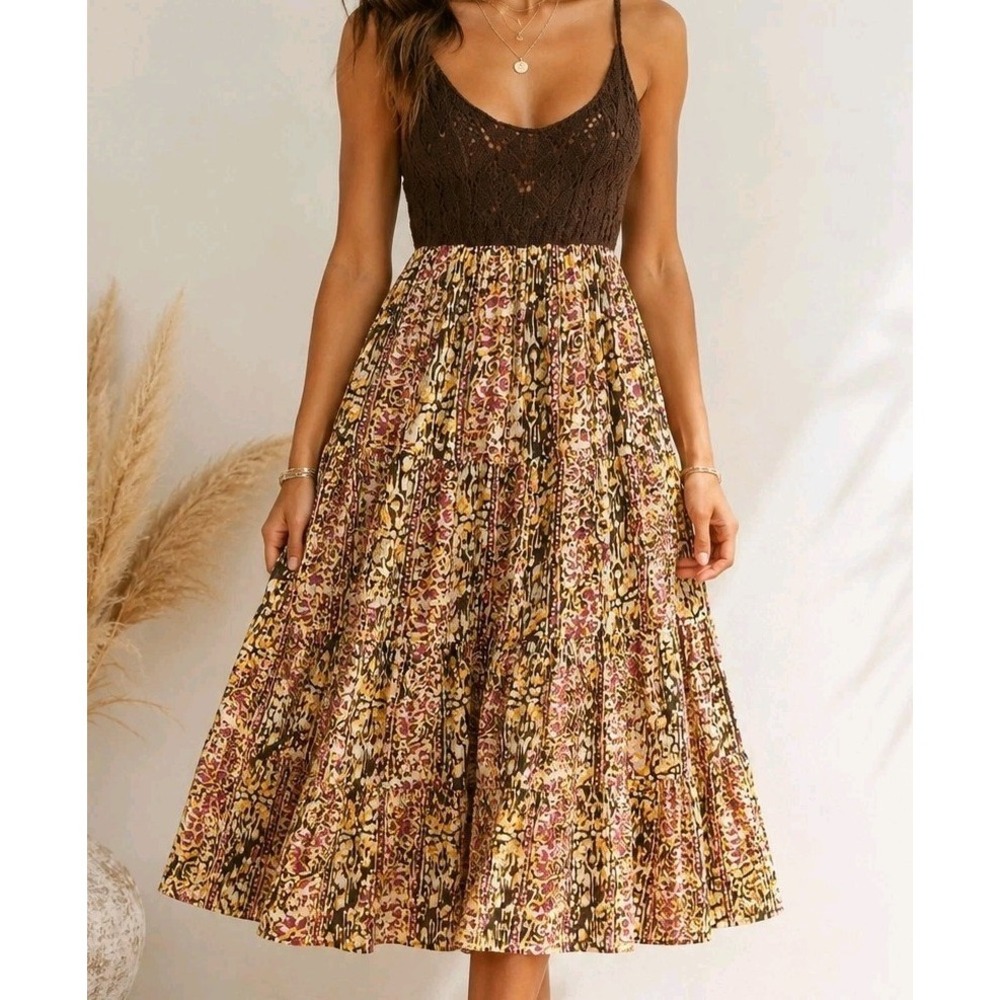 Free People Boho Midi Dress XS Brown Crochet Linen‎ Cotton Tiered Floral Dress